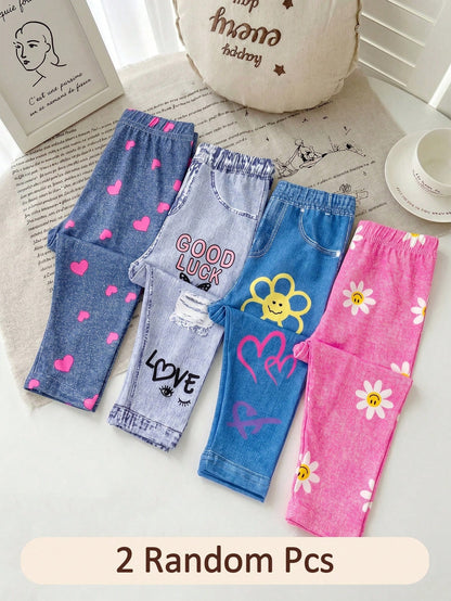 2pcs Random Baby Girls Leggings, Casual Versatile Soft Cute Heart, Face, Cherry And Flower Pattern, Suitable For Spring, Summer, Autumn Casual Wear, Multi-Color Sweet Cute Printed Leggings Long Pants