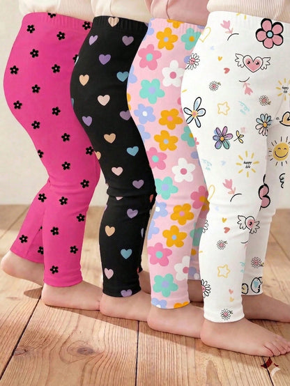 2pcs Random Baby Girls Leggings, Casual Versatile Soft Cute Heart, Face, Cherry And Flower Pattern, Suitable For Spring, Summer, Autumn Casual Wear, Multi-Color Sweet Cute Printed Leggings Long Pants