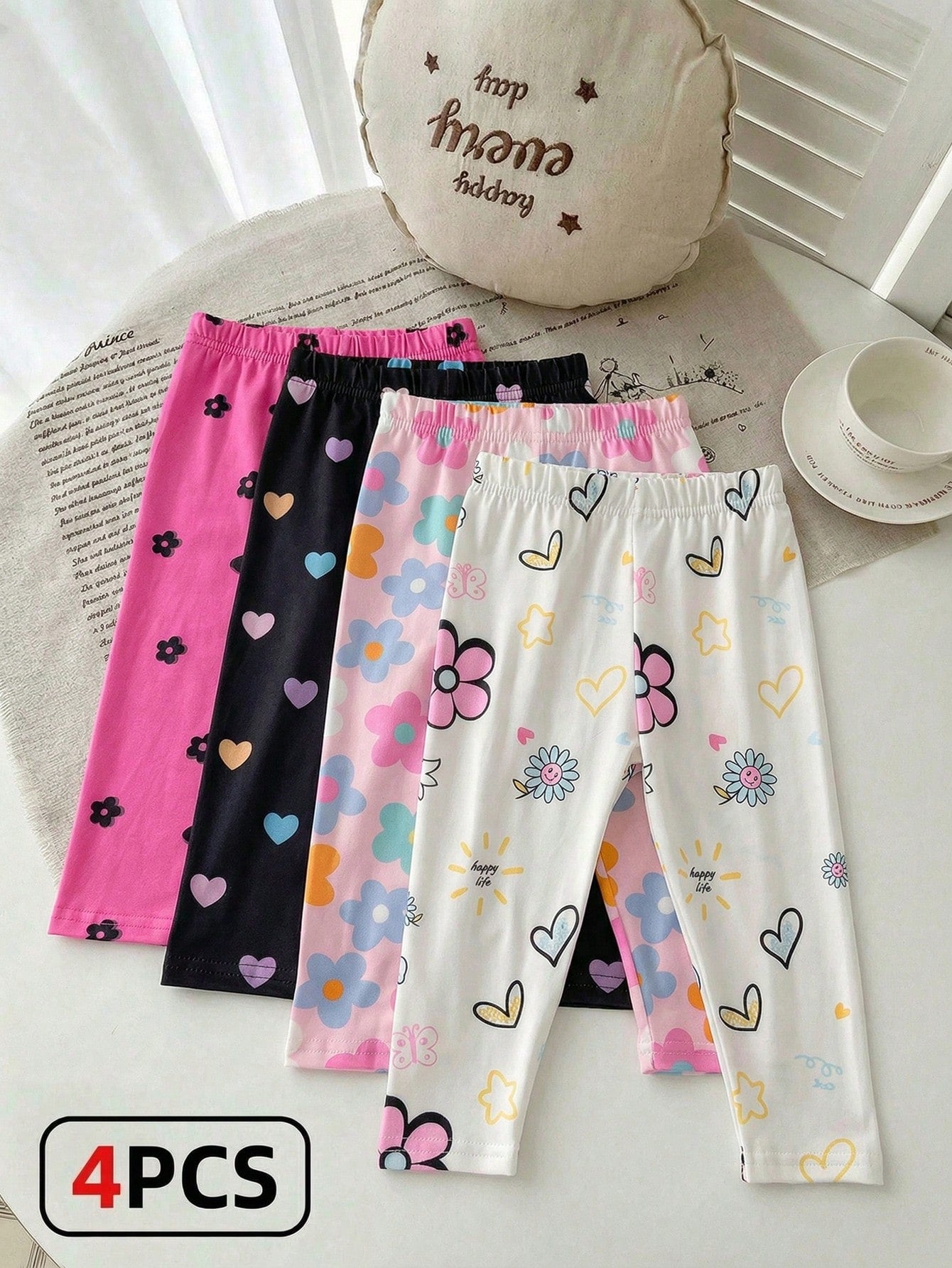2pcs Random Baby Girls Leggings, Casual Versatile Soft Cute Heart, Face, Cherry And Flower Pattern, Suitable For Spring, Summer, Autumn Casual Wear, Multi-Color Sweet Cute Printed Leggings Long Pants