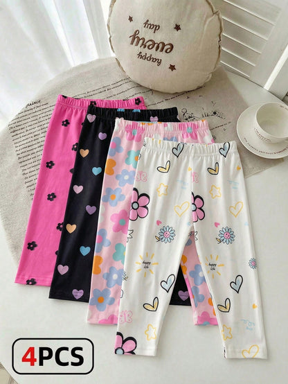 2pcs Random Baby Girls Leggings, Casual Versatile Soft Cute Heart, Face, Cherry And Flower Pattern, Suitable For Spring, Summer, Autumn Casual Wear, Multi-Color Sweet Cute Printed Leggings Long Pants