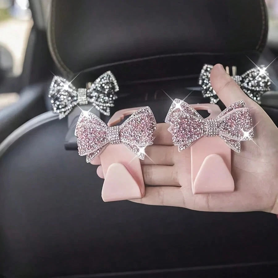2pcs Rhinestone Bow-Knot Car Seat Back Hooks, Used For Handbags And Bags Storage, Convenient Hanger, Car Interior Decor Accessories