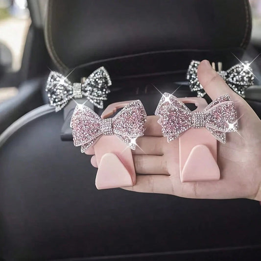 2pcs Rhinestone Bow-Knot Car Seat Back Hooks, Used For Handbags And Bags Storage, Convenient Hanger, Car Interior Decor Accessories