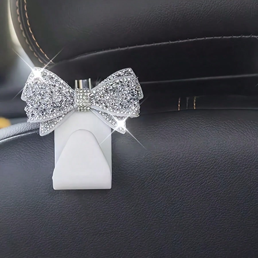 2pcs Rhinestone Bow-Knot Car Seat Back Hooks, Used For Handbags And Bags Storage, Convenient Hanger, Car Interior Decor Accessories