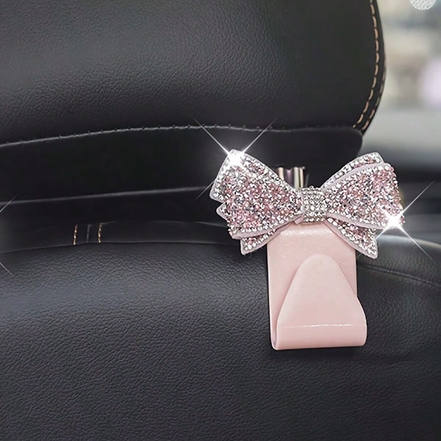 2pcs Rhinestone Bow-Knot Car Seat Back Hooks, Used For Handbags And Bags Storage, Convenient Hanger, Car Interior Decor Accessories