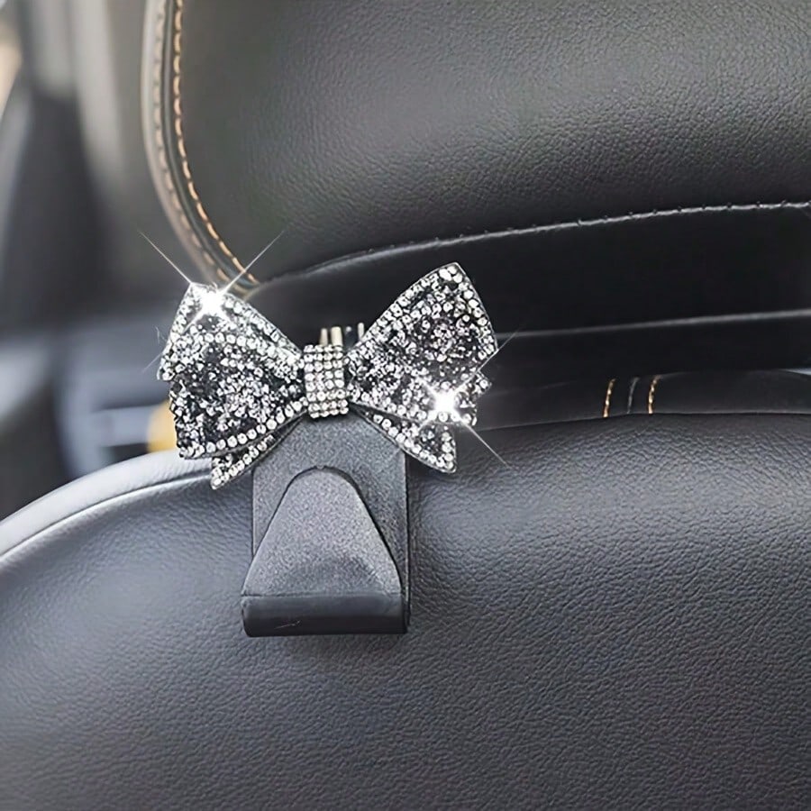2pcs Rhinestone Bow-Knot Car Seat Back Hooks, Used For Handbags And Bags Storage, Convenient Hanger, Car Interior Decor Accessories