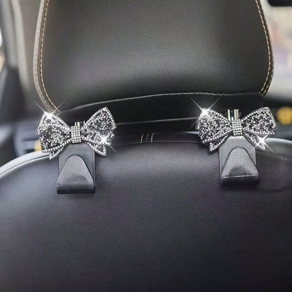 2pcs Rhinestone Bow-Knot Car Seat Back Hooks, Used For Handbags And Bags Storage, Convenient Hanger, Car Interior Decor Accessories