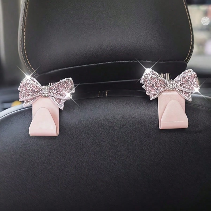 2pcs Rhinestone Bow-Knot Car Seat Back Hooks, Used For Handbags And Bags Storage, Convenient Hanger, Car Interior Decor Accessories