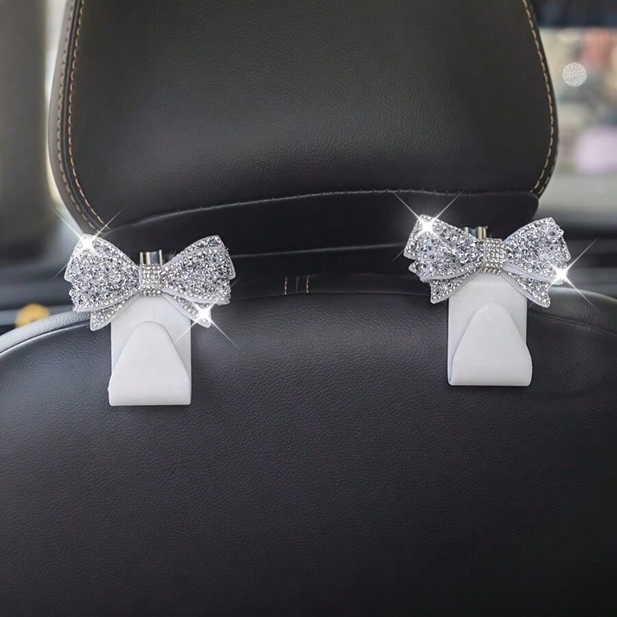 2pcs Rhinestone Bow-Knot Car Seat Back Hooks, Used For Handbags And Bags Storage, Convenient Hanger, Car Interior Decor Accessories