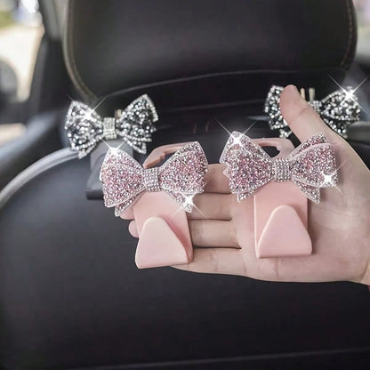 2pcs Rhinestone Bow-Knot Car Seat Back Hooks, Used For Handbags And Bags Storage, Convenient Hanger, Car Interior Decor Accessories