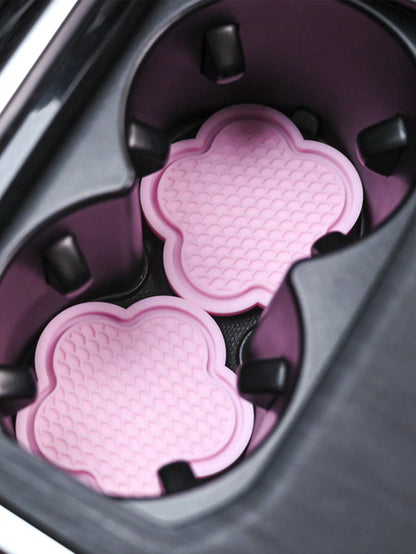 2pcs Rhinestone Flower Shaped Car Cup Holder Silicone Non-Slip Mat, Interior Accessory Cup Pad, Car Door Slot Mat Decoration, Home Office Non-Slip Pad