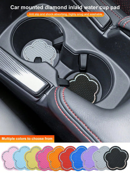 2pcs Rhinestone Flower Shaped Car Cup Holder Silicone Non-Slip Mat, Interior Accessory Cup Pad, Car Door Slot Mat Decoration, Home Office Non-Slip Pad
