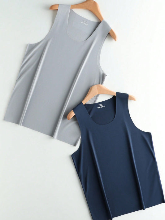 2PCS Seamless Men's Undershirt Thin Wide Round Neck Ice Silk Sleeveless T-Shirt Base Layer Tank Top Summer Sports Undershirt