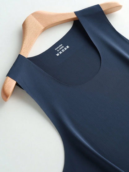 2PCS Seamless Men's Undershirt Thin Wide Round Neck Ice Silk Sleeveless T-Shirt Base Layer Tank Top Summer Sports Undershirt