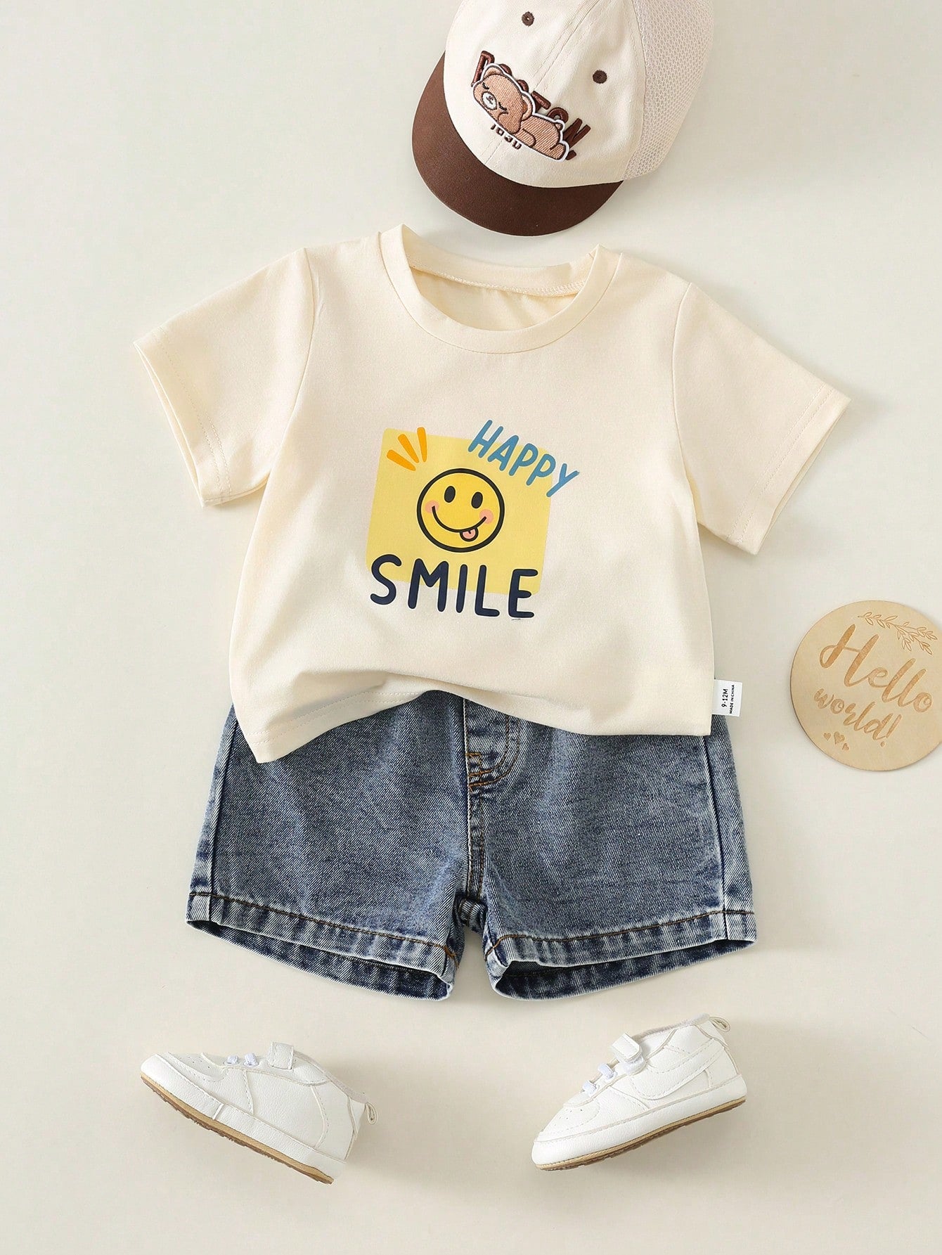 2pcs/Set Baby Boy Baby Girl Summer Casual Cute Face Print Pattern Short Sleeve Loose T-Shirt Cute Top Blue Denim Shorts Set Denim Set Cute Set T-Shirt Set Holiday Set
