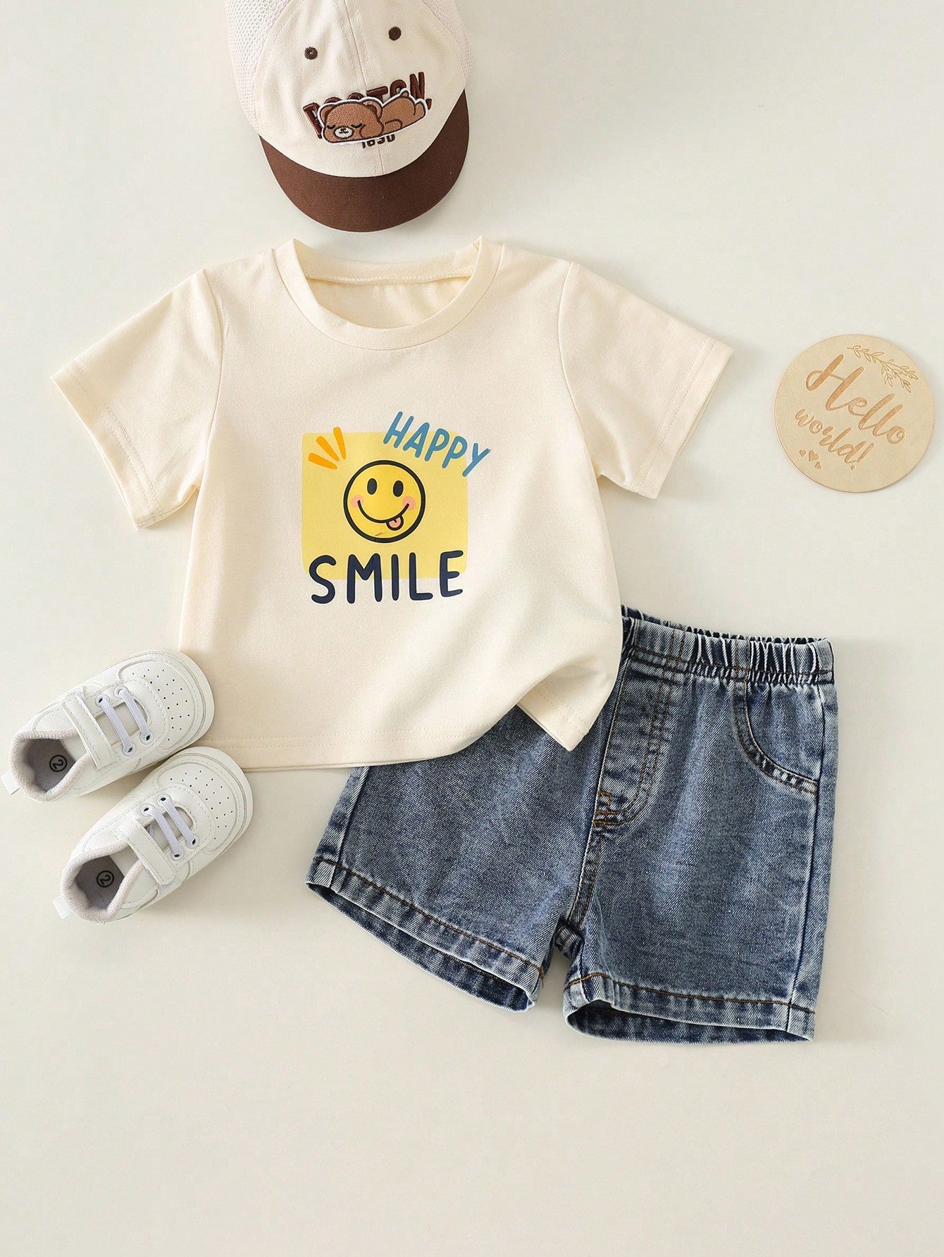 2pcs/Set Baby Boy Baby Girl Summer Casual Cute Face Print Pattern Short Sleeve Loose T-Shirt Cute Top Blue Denim Shorts Set Denim Set Cute Set T-Shirt Set Holiday Set