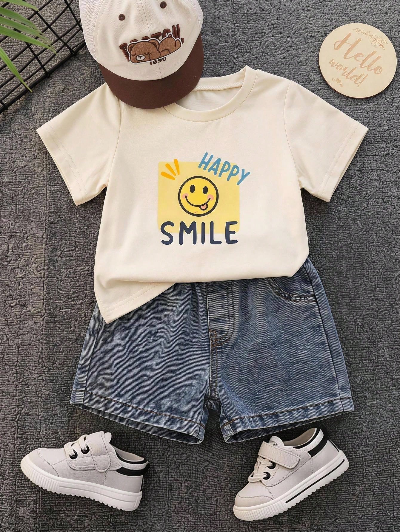 2pcs/Set Baby Boy Baby Girl Summer Casual Cute Face Print Pattern Short Sleeve Loose T-Shirt Cute Top Blue Denim Shorts Set Denim Set Cute Set T-Shirt Set Holiday Set