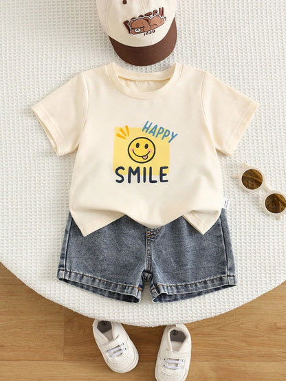 2pcs/Set Baby Boy Baby Girl Summer Casual Cute Face Print Pattern Short Sleeve Loose T-Shirt Cute Top Blue Denim Shorts Set Denim Set Cute Set T-Shirt Set Holiday Set