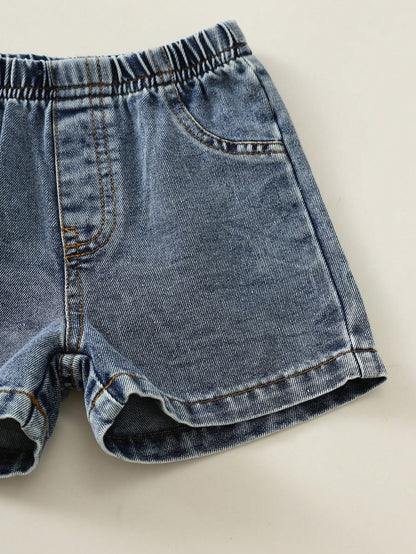 2pcs/Set Baby Boy Baby Girl Summer Casual Cute Face Print Pattern Short Sleeve Loose T-Shirt Cute Top Blue Denim Shorts Set Denim Set Cute Set T-Shirt Set Holiday Set