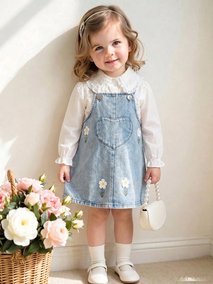 2pcs/Set Baby Girl Casual Cute Turn-Down Collar Long Sleeve Shirt And 3D Flower Decor Overalls Set, Suitable For Spring/Autumn Daily Wear