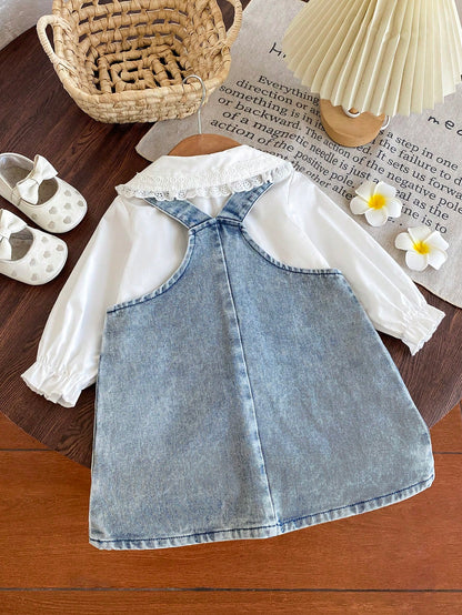 2pcs/Set Baby Girl Casual Cute Turn-Down Collar Long Sleeve Shirt And 3D Flower Decor Overalls Set, Suitable For Spring/Autumn Daily Wear