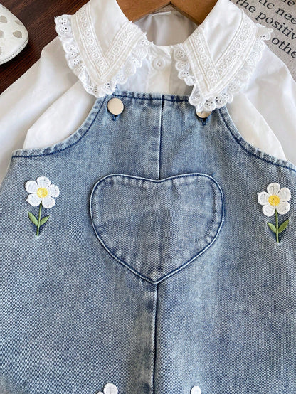 2pcs/Set Baby Girl Casual Cute Turn-Down Collar Long Sleeve Shirt And 3D Flower Decor Overalls Set, Suitable For Spring/Autumn Daily Wear