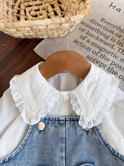 2pcs/Set Baby Girl Casual Cute Turn-Down Collar Long Sleeve Shirt And 3D Flower Decor Overalls Set, Suitable For Spring/Autumn Daily Wear