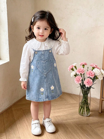 2pcs/Set Baby Girl Casual Cute Turn-Down Collar Long Sleeve Shirt And 3D Flower Decor Overalls Set, Suitable For Spring/Autumn Daily Wear
