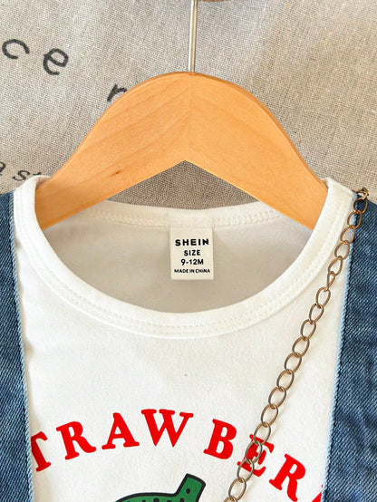 2pcs/Set Baby Girl Fashion Cute Letter & Strawberry Pattern Casual Ruffle Collar Short Sleeve Top And Bib Skirt, Summer Suitable For Vacation