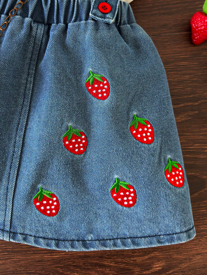 2pcs/Set Baby Girl Fashion Cute Letter & Strawberry Pattern Casual Ruffle Collar Short Sleeve Top And Bib Skirt, Summer Suitable For Vacation