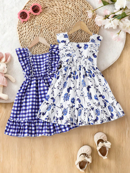 2pcs/Set Baby Girl Summer Sleeveless Dress Outfit, Baby Girl Blue & White Plaid + Floral Print Square Neck Ruffle Hem Dress Dress 2-Piece Set, Cute Elegant Casual Outfit, Newborn 1st Birthday Gift, So