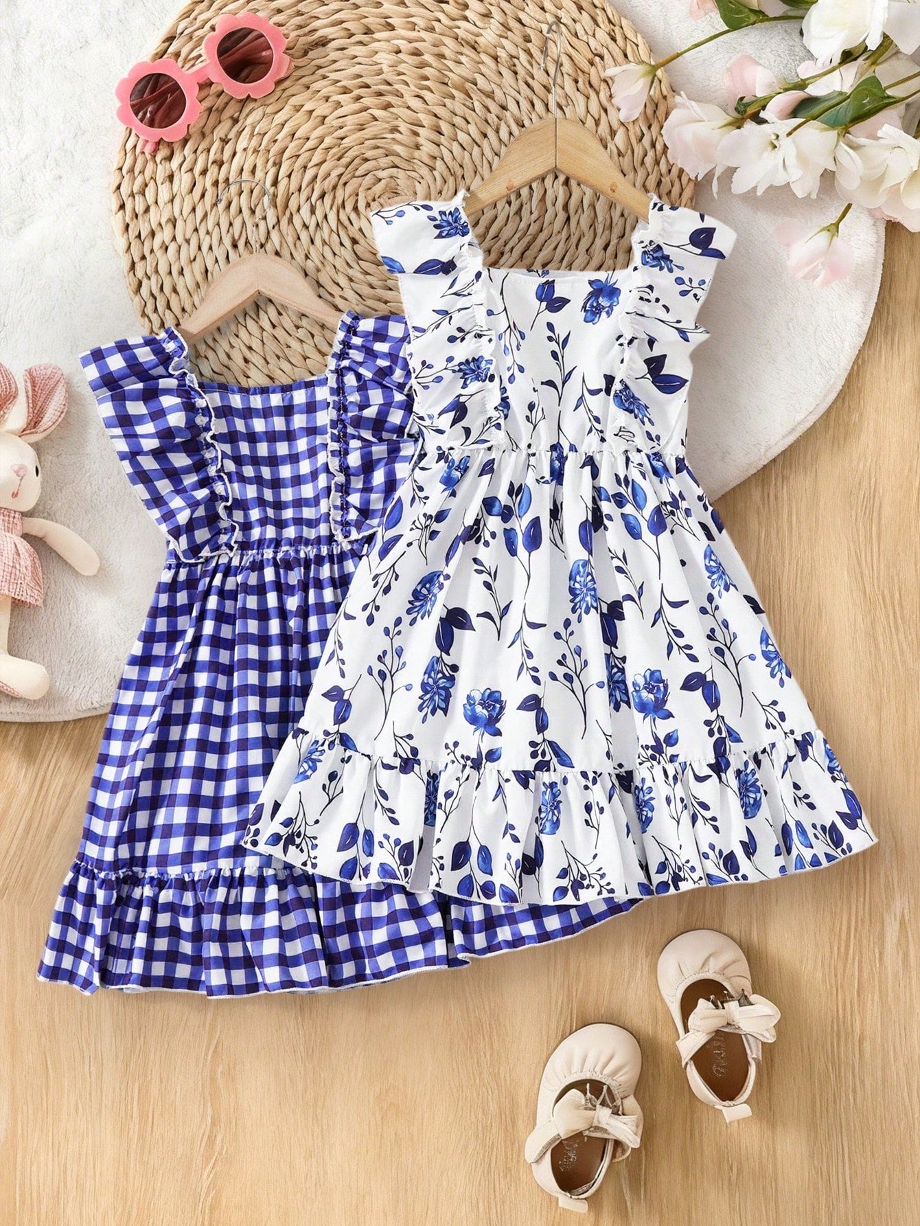 2pcs/Set Baby Girl Summer Sleeveless Dress Outfit, Baby Girl Blue & White Plaid + Floral Print Square Neck Ruffle Hem Dress Dress 2-Piece Set, Cute Elegant Casual Outfit, Newborn 1st Birthday Gift, So