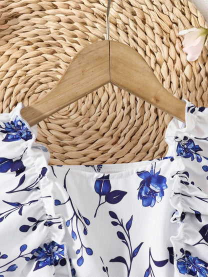 2pcs/Set Baby Girl Summer Sleeveless Dress Outfit, Baby Girl Blue & White Plaid + Floral Print Square Neck Ruffle Hem Dress Dress 2-Piece Set, Cute Elegant Casual Outfit, Newborn 1st Birthday Gift, So