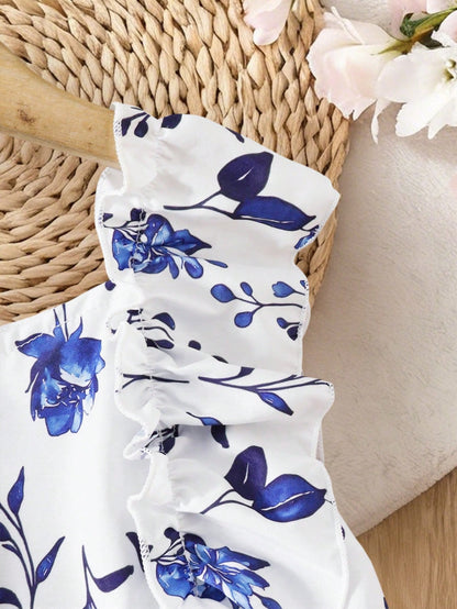 2pcs/Set Baby Girl Summer Sleeveless Dress Outfit, Baby Girl Blue & White Plaid + Floral Print Square Neck Ruffle Hem Dress Dress 2-Piece Set, Cute Elegant Casual Outfit, Newborn 1st Birthday Gift, So