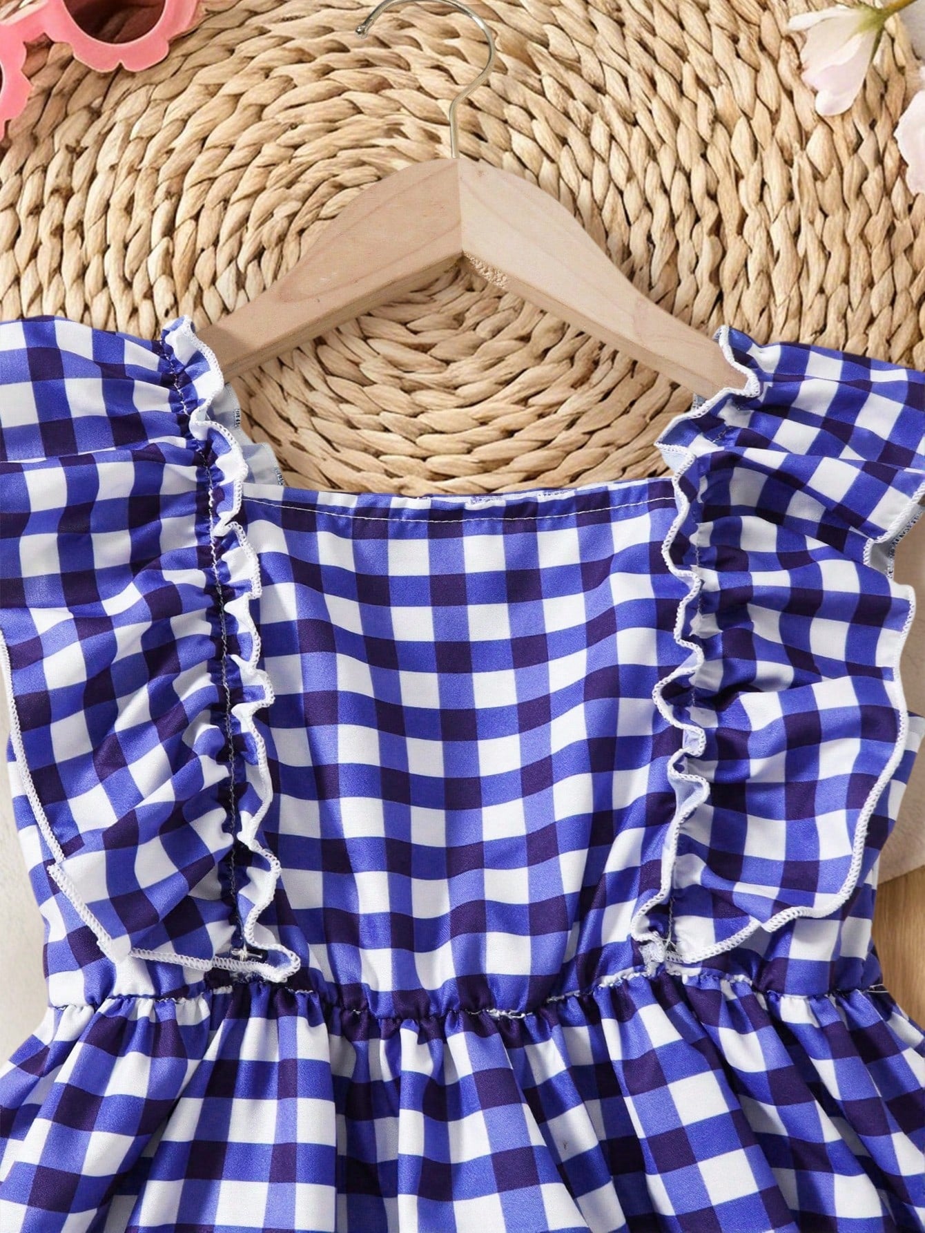 2pcs/Set Baby Girl Summer Sleeveless Dress Outfit, Baby Girl Blue & White Plaid + Floral Print Square Neck Ruffle Hem Dress Dress 2-Piece Set, Cute Elegant Casual Outfit, Newborn 1st Birthday Gift, So