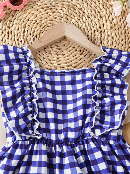 2pcs/Set Baby Girl Summer Sleeveless Dress Outfit, Baby Girl Blue & White Plaid + Floral Print Square Neck Ruffle Hem Dress Dress 2-Piece Set, Cute Elegant Casual Outfit, Newborn 1st Birthday Gift, So