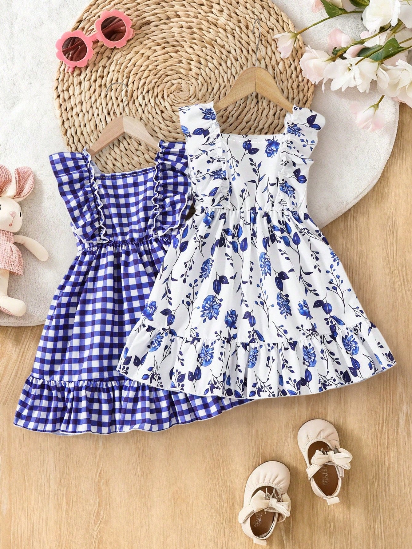 2pcs/Set Baby Girl Summer Sleeveless Dress Outfit, Baby Girl Blue & White Plaid + Floral Print Square Neck Ruffle Hem Dress Dress 2-Piece Set, Cute Elegant Casual Outfit, Newborn 1st Birthday Gift, So