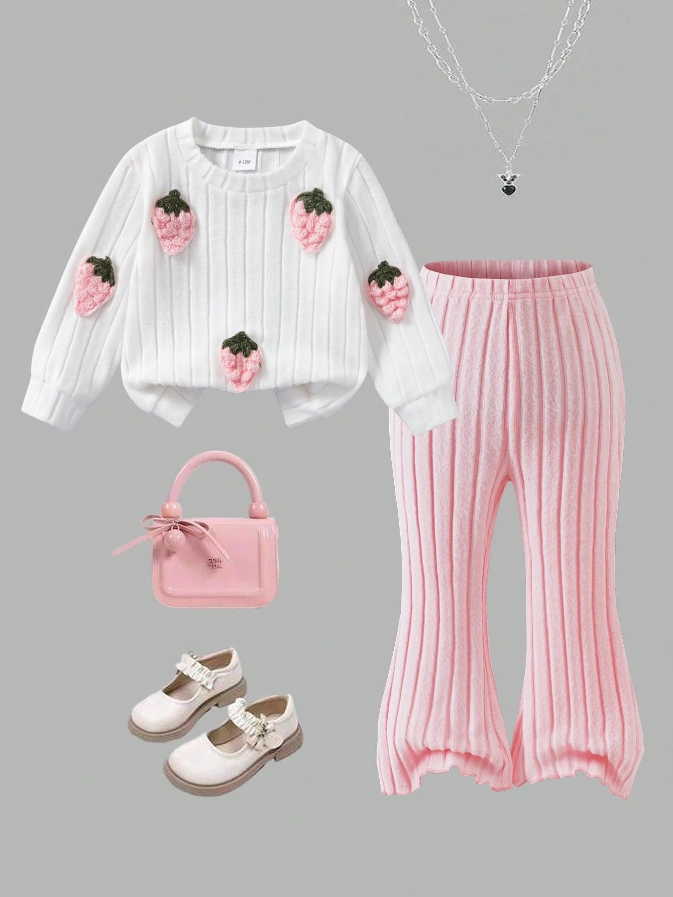 2pcs/Set Baby Girls Autumn/Winter Ribbed Brushed Strawberry Embroidered Top And Solid Color Pants Casual Outfit