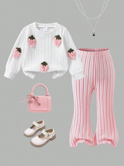 2pcs/Set Baby Girls Autumn/Winter Ribbed Brushed Strawberry Embroidered Top And Solid Color Pants Casual Outfit