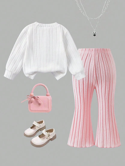 2pcs/Set Baby Girls Autumn/Winter Ribbed Brushed Strawberry Embroidered Top And Solid Color Pants Casual Outfit
