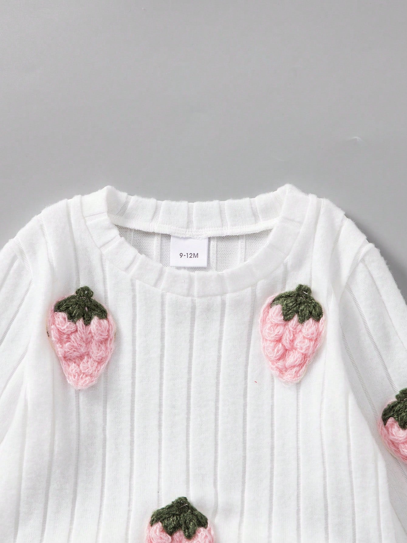 2pcs/Set Baby Girls Autumn/Winter Ribbed Brushed Strawberry Embroidered Top And Solid Color Pants Casual Outfit