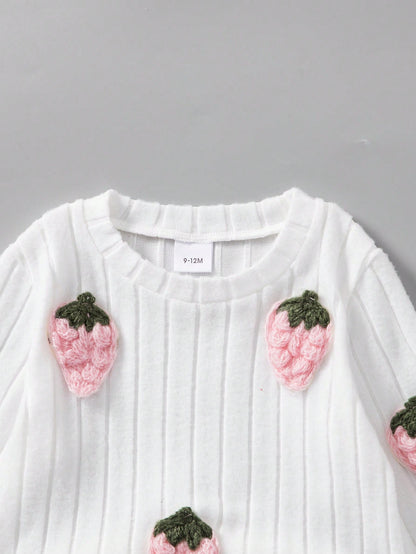 2pcs/Set Baby Girls Autumn/Winter Ribbed Brushed Strawberry Embroidered Top And Solid Color Pants Casual Outfit