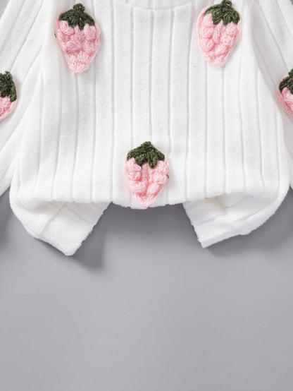 2pcs/Set Baby Girls Autumn/Winter Ribbed Brushed Strawberry Embroidered Top And Solid Color Pants Casual Outfit