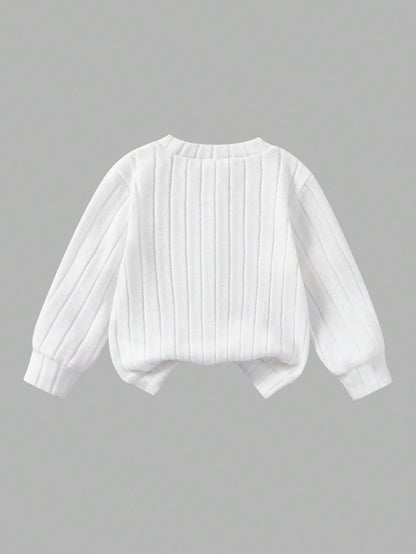 2pcs/Set Baby Girls Autumn/Winter Ribbed Brushed Strawberry Embroidered Top And Solid Color Pants Casual Outfit
