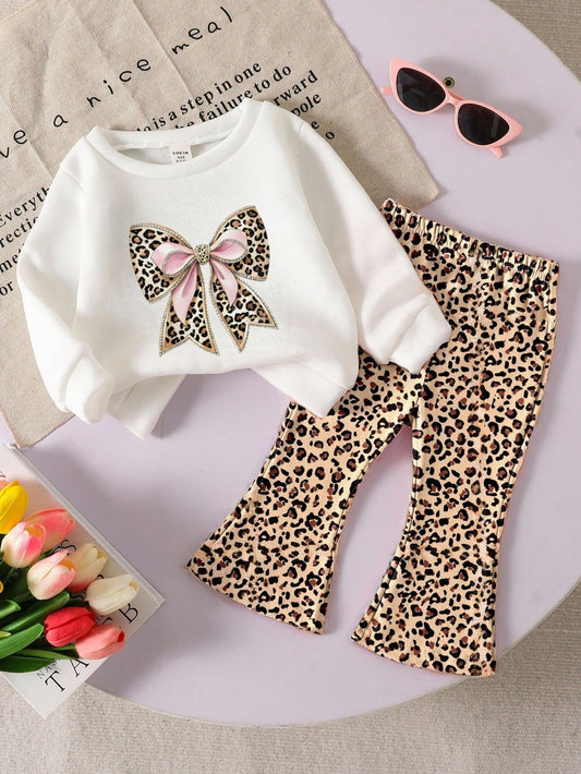 2pcs/Set Baby Girls Cute White Autumn Outfit,Long Sleeve Bowknot Leopard Print Sweatshirt And Flare Pants Set,Knit Casual Matching Family Gift Wear