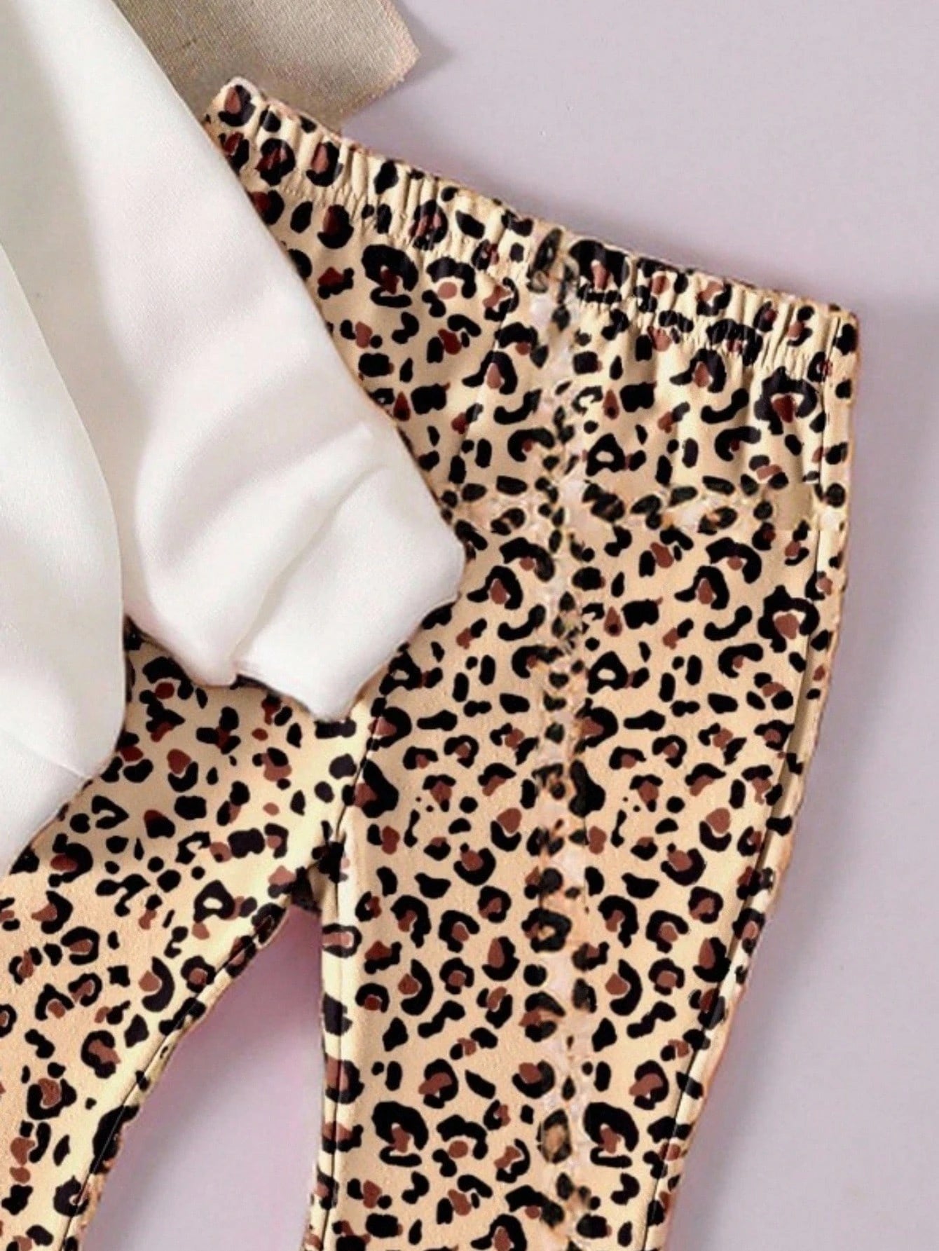 2pcs/Set Baby Girls Cute White Autumn Outfit,Long Sleeve Bowknot Leopard Print Sweatshirt And Flare Pants Set,Knit Casual Matching Family Gift Wear