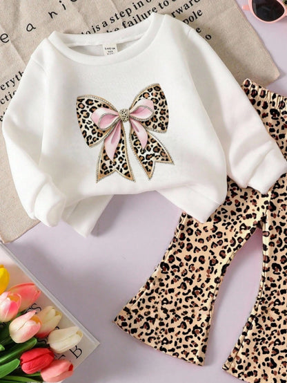 2pcs/Set Baby Girls Cute White Autumn Outfit,Long Sleeve Bowknot Leopard Print Sweatshirt And Flare Pants Set,Knit Casual Matching Family Gift Wear