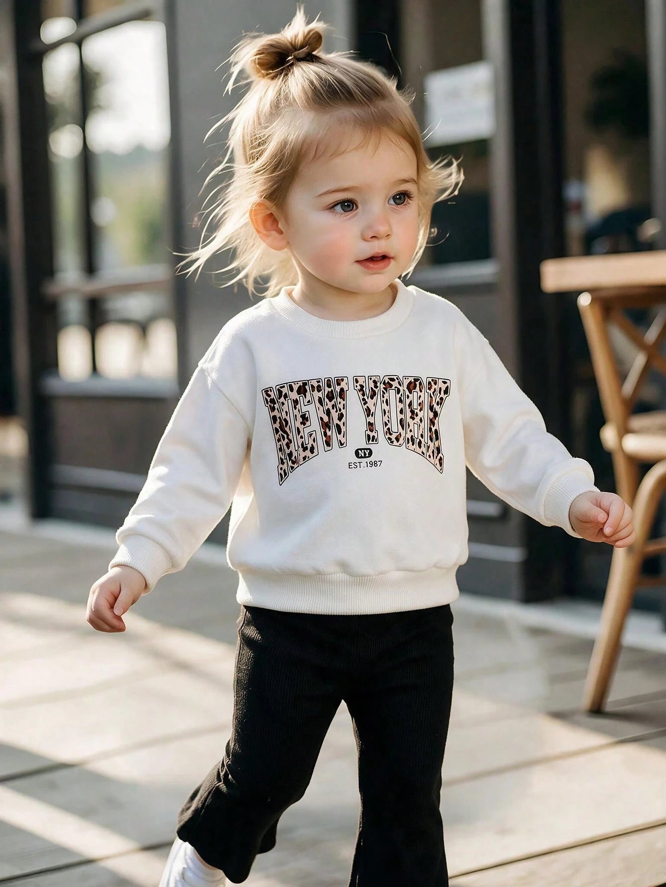 2pcs/Set Baby Girls Cute White Autumn Outfit,Long Sleeve Bowknot Leopard Print Sweatshirt And Flare Pants Set,Knit Casual Matching Family Gift Wear