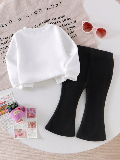 2pcs/Set Baby Girls Cute White Autumn Outfit,Long Sleeve Bowknot Leopard Print Sweatshirt And Flare Pants Set,Knit Casual Matching Family Gift Wear