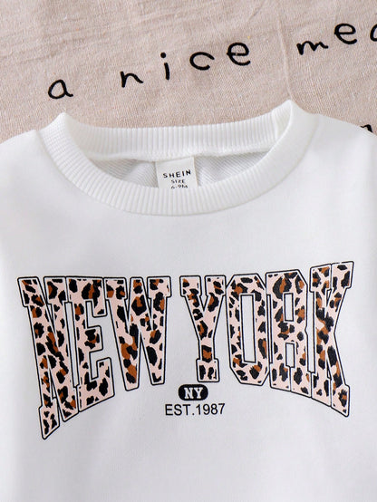 2pcs/Set Baby Girls Cute White Autumn Outfit,Long Sleeve Bowknot Leopard Print Sweatshirt And Flare Pants Set,Knit Casual Matching Family Gift Wear