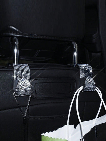 2pcs Set Car Seat Back Hooks With Rhinestone Decoration, Multi-Functional Hidden Car Interior Hooks